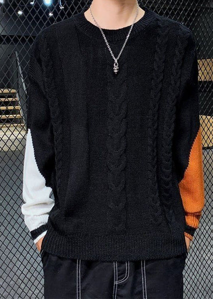 Black Cozy Patchwork Knit Mens Sweater O Neck