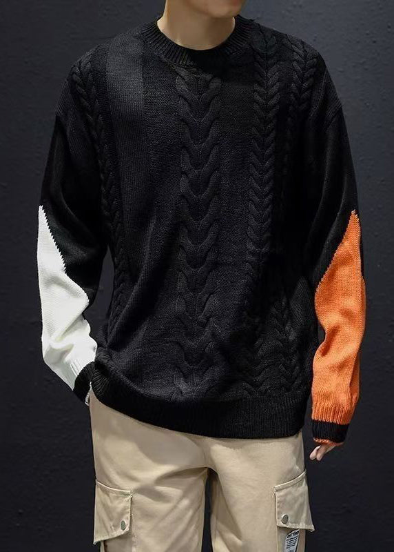 Black Cozy Patchwork Knit Mens Sweater O Neck