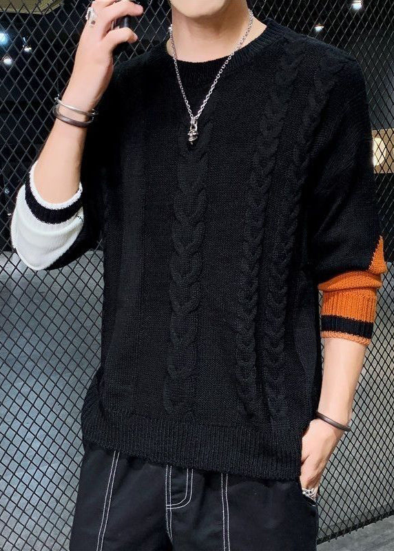 Black Cozy Patchwork Knit Mens Sweater O Neck