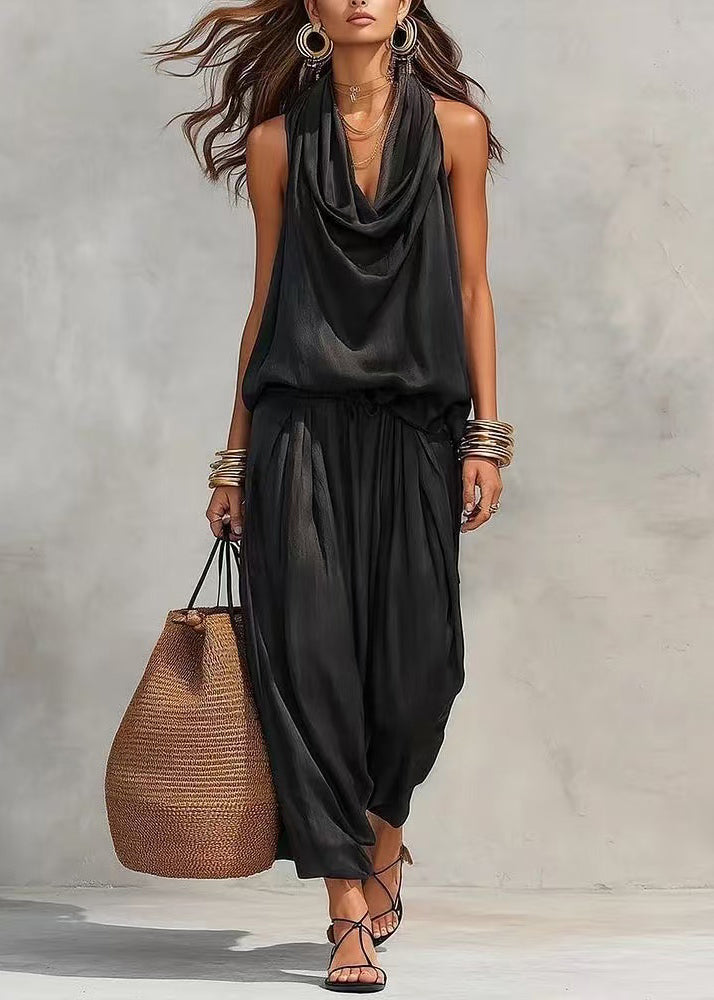 Black Draping Two-Piece Set Cold Shoulder Summer