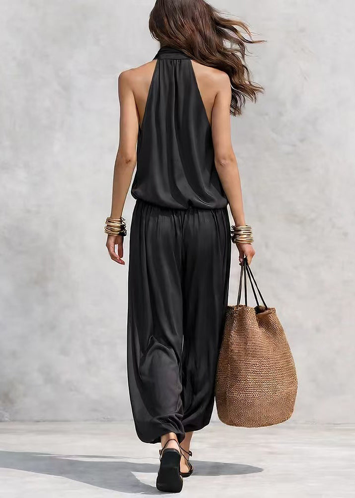 Black Draping Two-Piece Set Cold Shoulder Summer