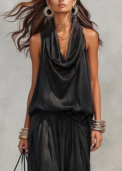 Black Draping Two-Piece Set Cold Shoulder Summer