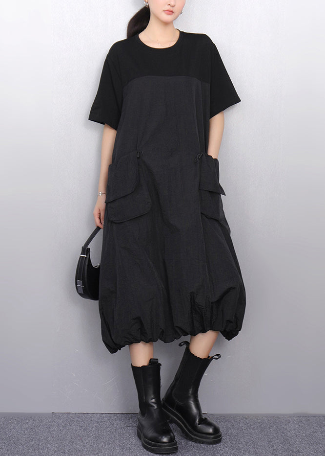 Black Drawstring Pockets Summer Long Dress O Neck