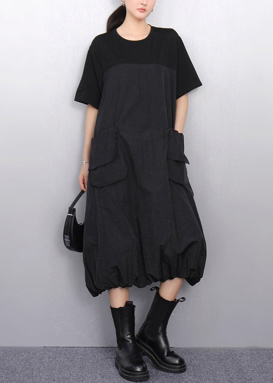Black Drawstring Pockets Summer Long Dress O Neck