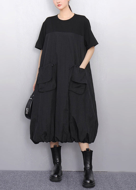 Black Drawstring Pockets Summer Long Dress O Neck