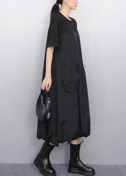 Black Drawstring Pockets Summer Long Dress O Neck