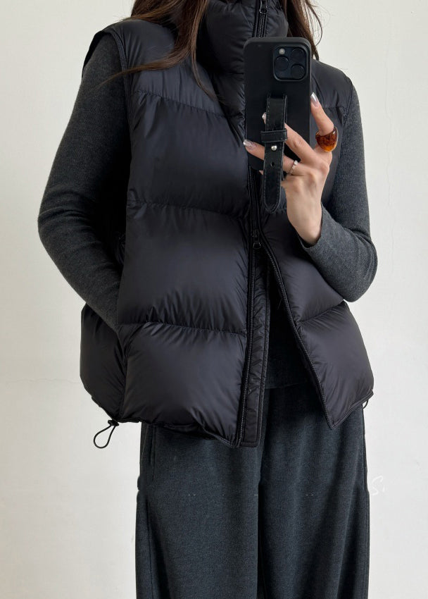 Chaleco de invierno de plumón de pato liso con cordón negro y cremallera