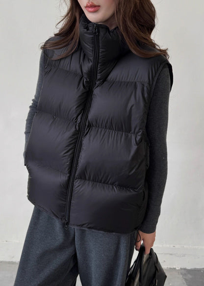 Chaleco de invierno de plumón de pato liso con cordón negro y cremallera