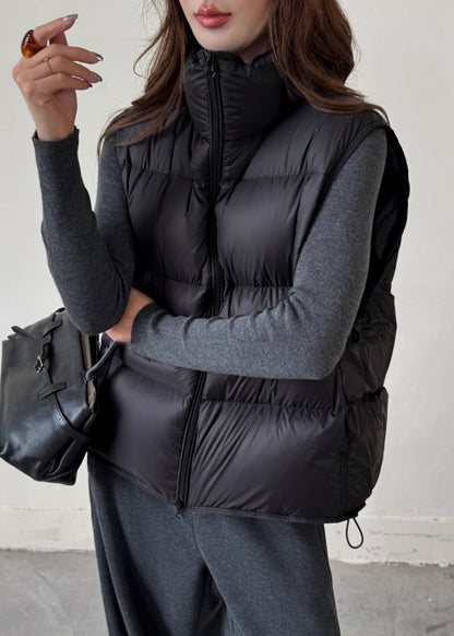 Chaleco de invierno de plumón de pato liso con cordón negro y cremallera