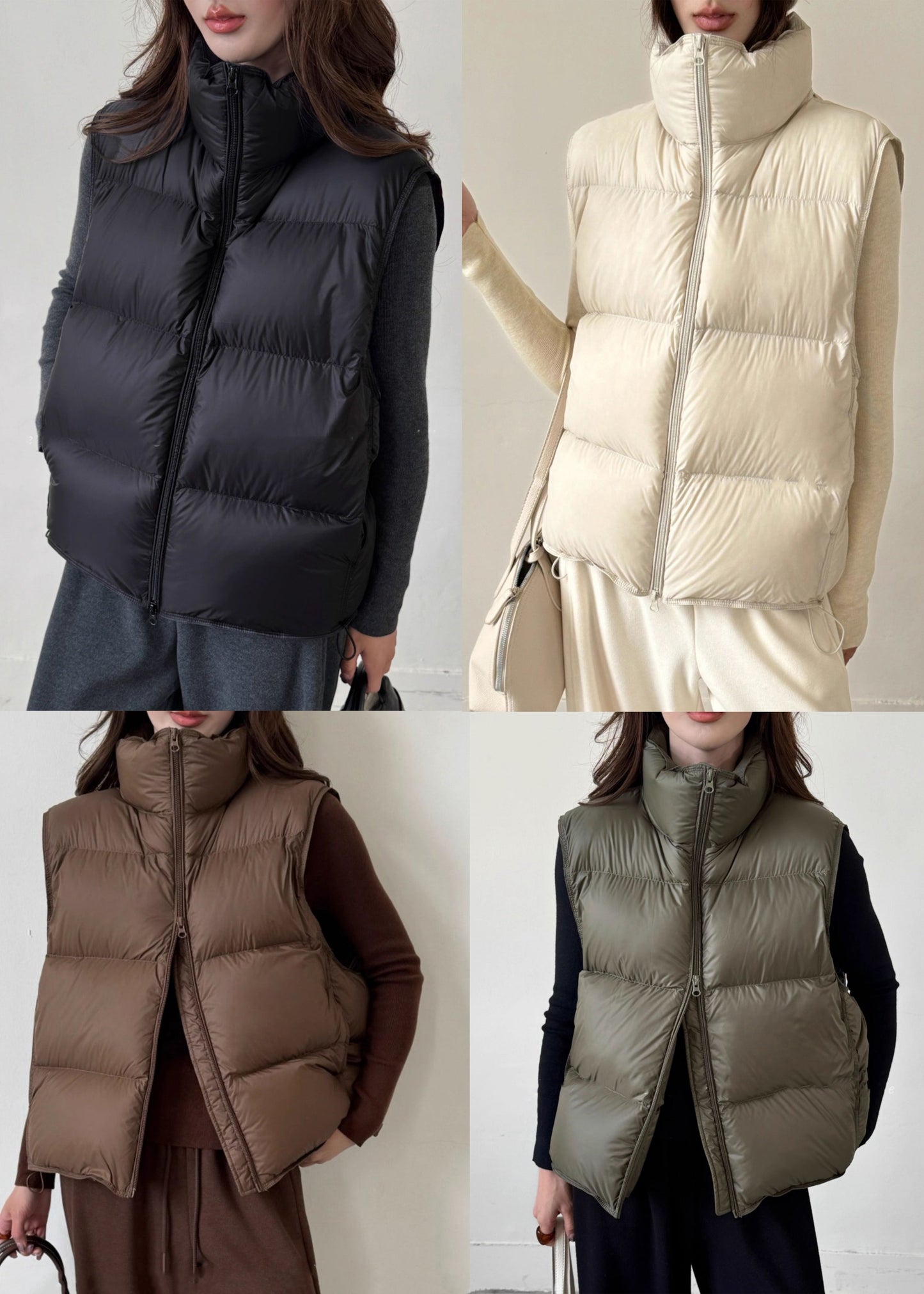 Chaleco de invierno de plumón de pato liso con cordón negro y cremallera