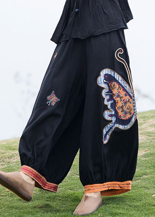 Schwarze, elastische Taille, gemütliche Leinen-Crop-Hose für den Sommer