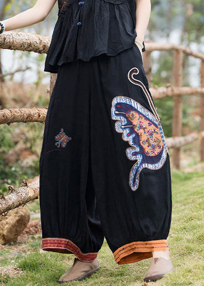 Schwarze, elastische Taille, gemütliche Leinen-Crop-Hose für den Sommer