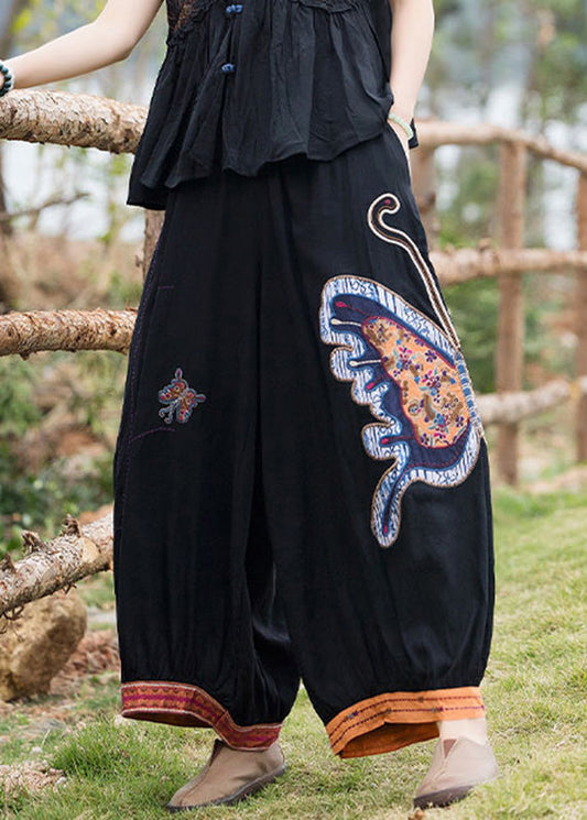 Schwarze, elastische Taille, gemütliche Leinen-Crop-Hose für den Sommer