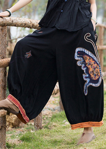 Schwarze, elastische Taille, gemütliche Leinen-Crop-Hose für den Sommer