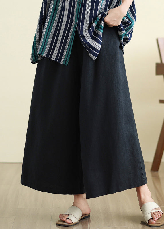 Black Elastic Waist Silk Linen Crop Wide Pants Summer