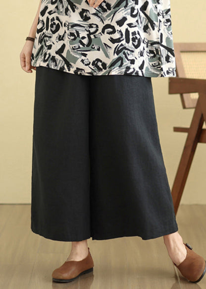 Black Elastic Waist Silk Linen Crop Wide Pants Summer