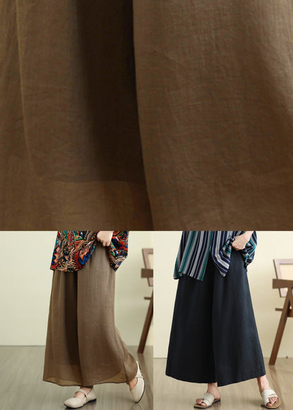 Black Elastic Waist Silk Linen Crop Wide Pants Summer