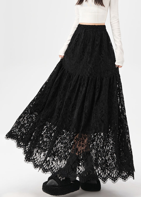 Black Elastic Waist Solid Lace Skirt Hollow Out