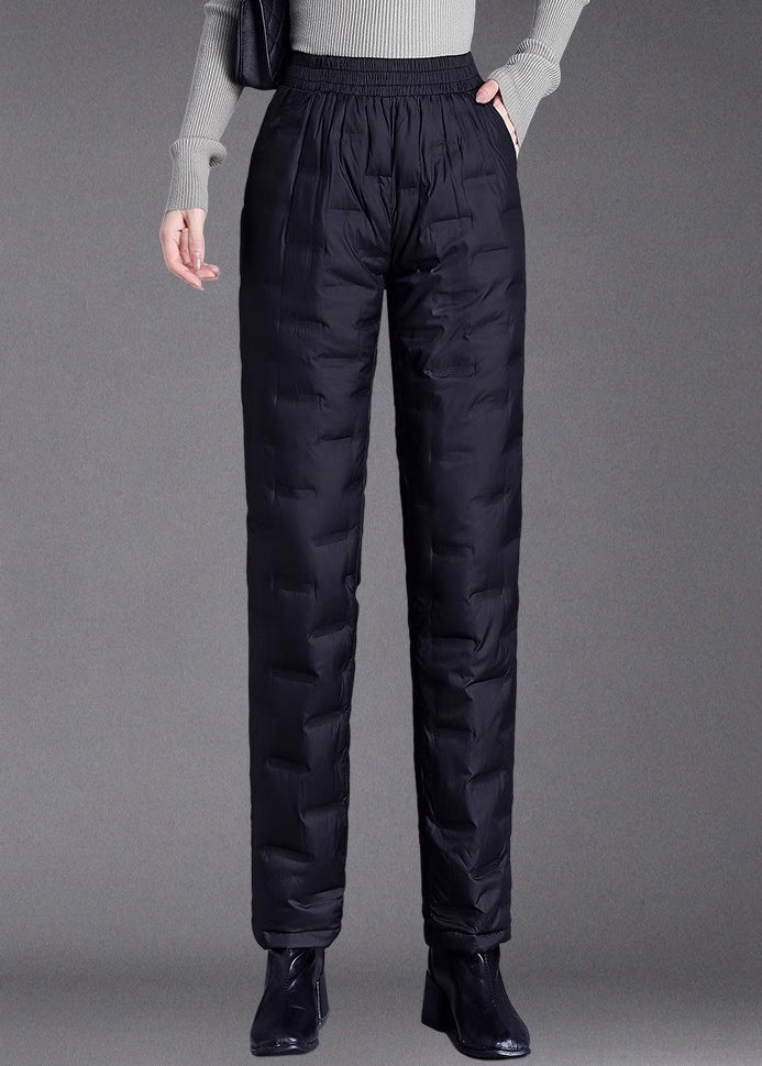 Pantalones rectos negros con cintura elástica y relleno de plumón de pato grueso a cuadros