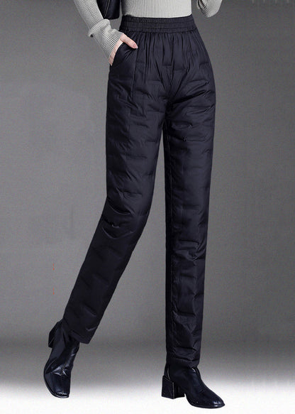 Pantalones rectos negros con cintura elástica y relleno de plumón de pato grueso a cuadros