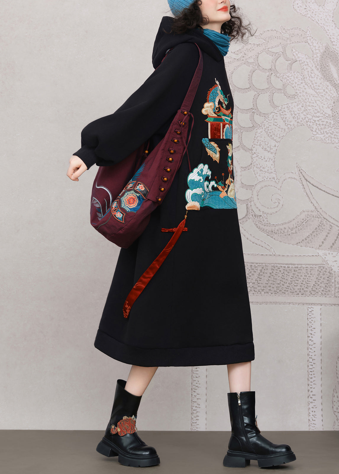 Black Embroidered Pockets Warm Fleece Long Dress Hooded