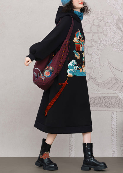 Black Embroidered Pockets Warm Fleece Long Dress Hooded