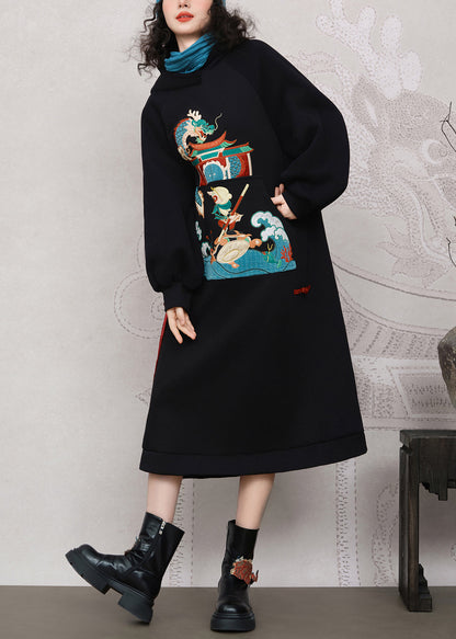 Black Embroidered Pockets Warm Fleece Long Dress Hooded