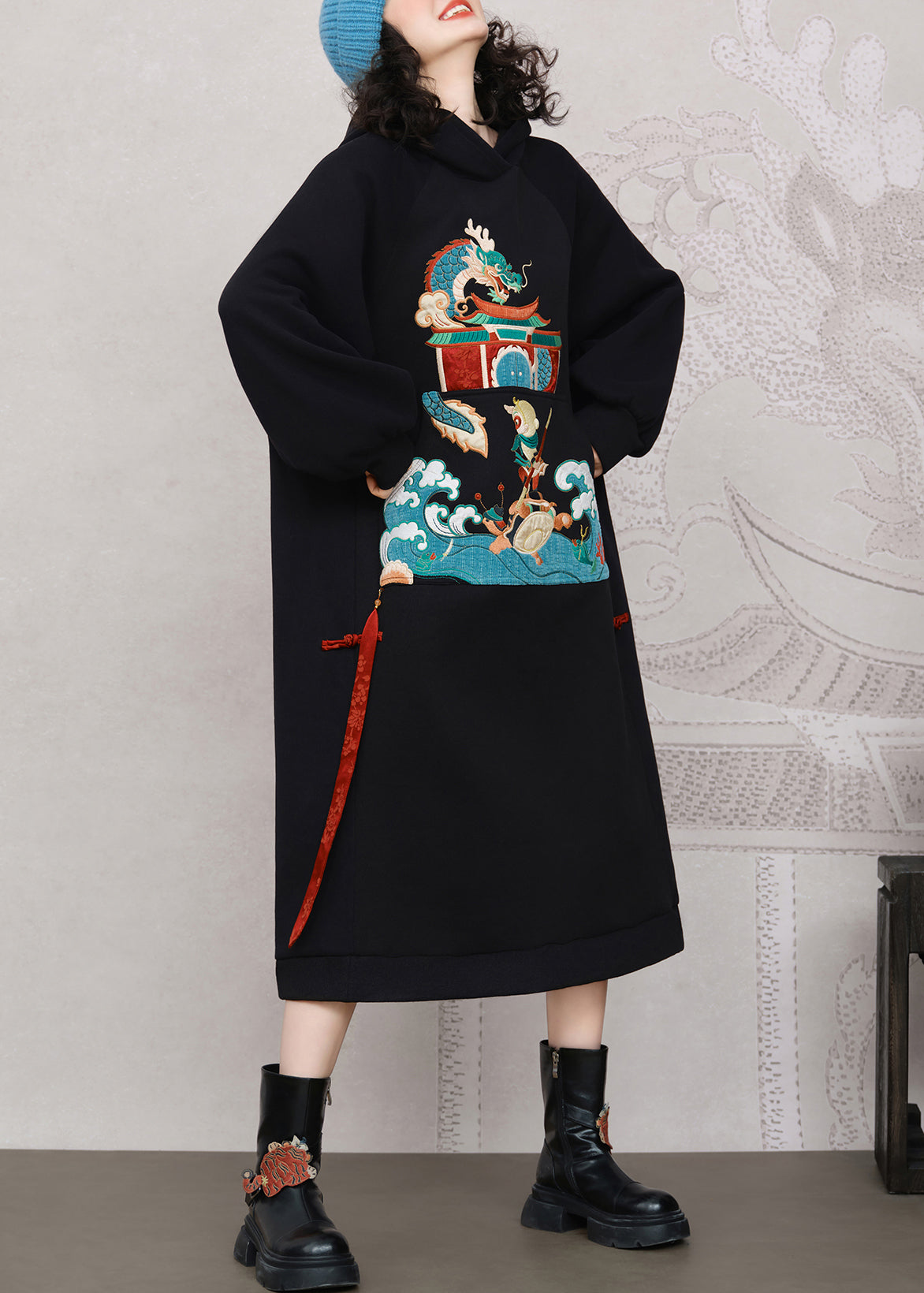 Black Embroidered Pockets Warm Fleece Long Dress Hooded
