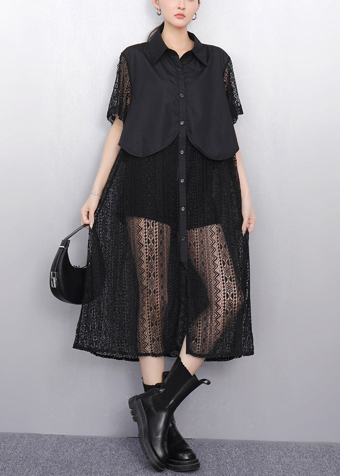 Black False Two Pieces Patchwork Lace Summer Blouses Dress Button