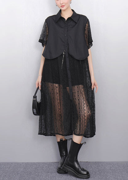 Black False Two Pieces Patchwork Lace Summer Blouses Dress Button
