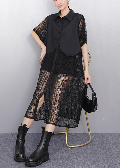 Black False Two Pieces Patchwork Lace Summer Blouses Dress Button