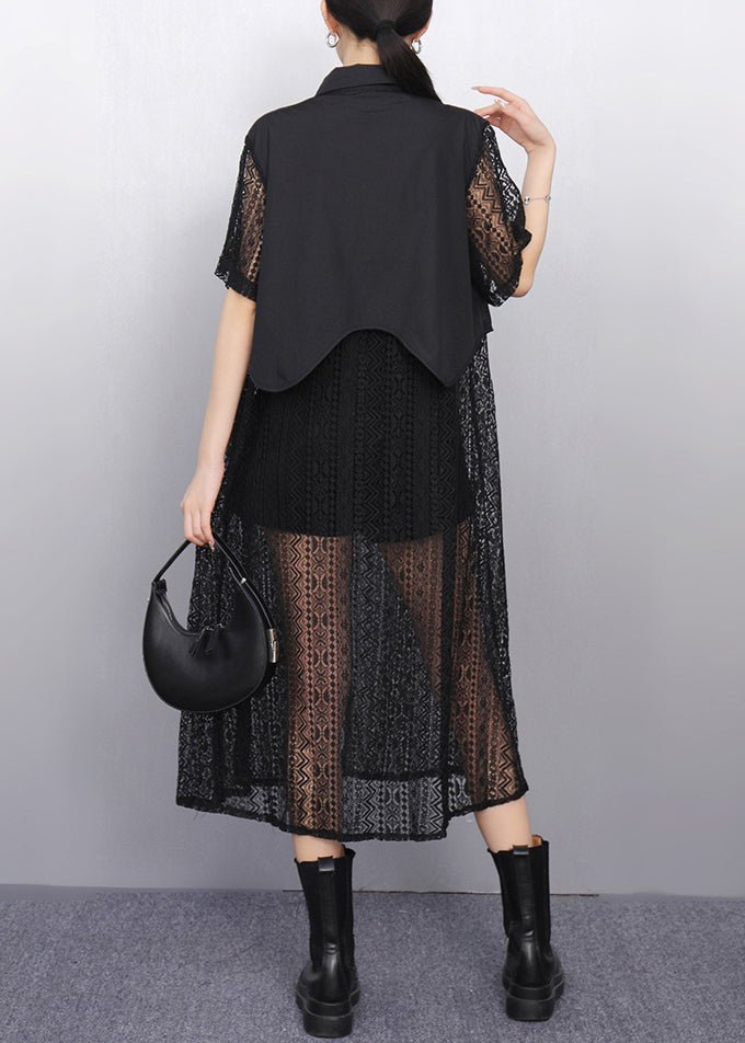 Black False Two Pieces Patchwork Lace Summer Blouses Dress Button