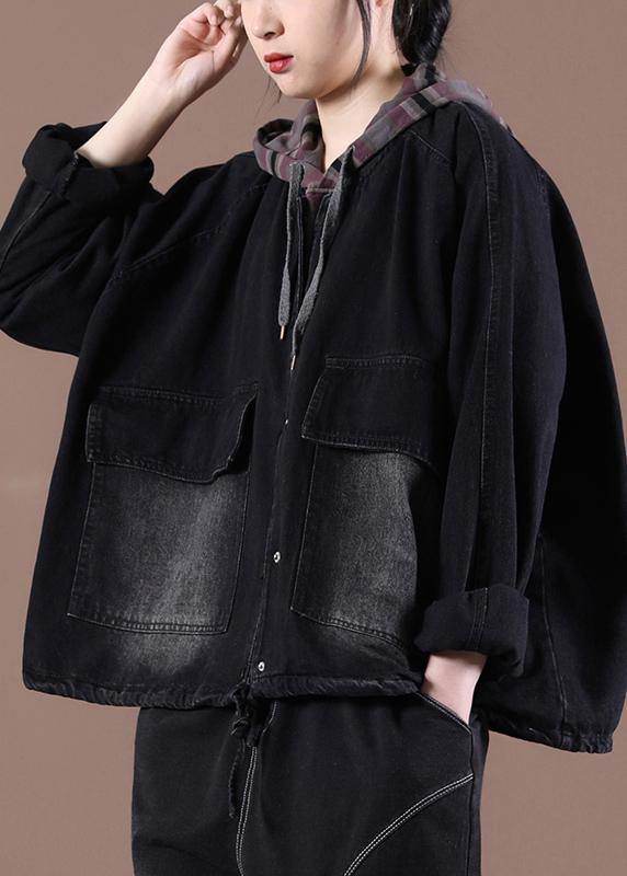 Black Fashion Trench Coat Drawstring Hooded Spring Outwear - SooLinen