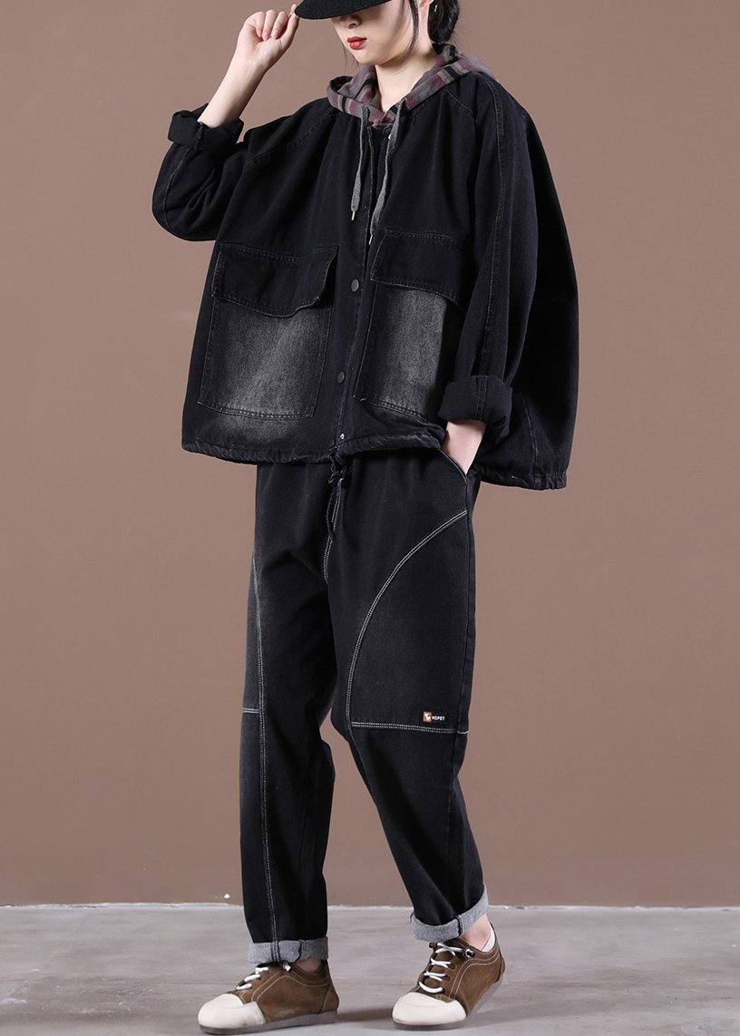 Black Fashion Trench Coat Drawstring Hooded Spring Outwear - SooLinen