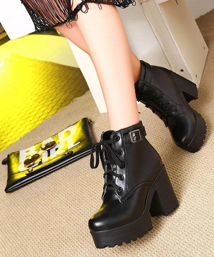 Black Faux Leather Boots Cross Strap Chunky Heel - SooLinen