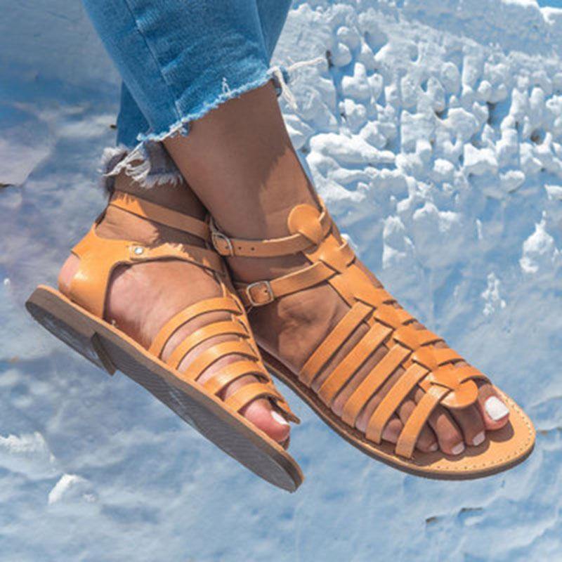 Black Faux Leather Flat Sandals Buckle Strap Water Sandals - SooLinen