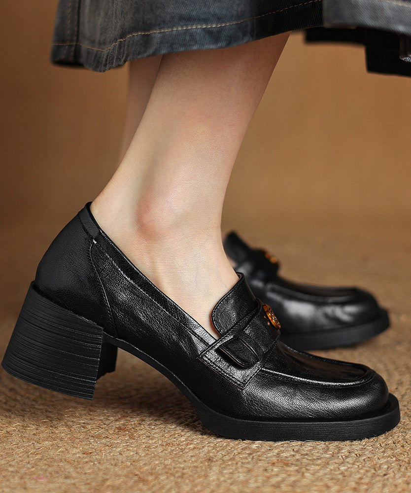 Black Faux Leather Splicing Chunky Loafers For Women
