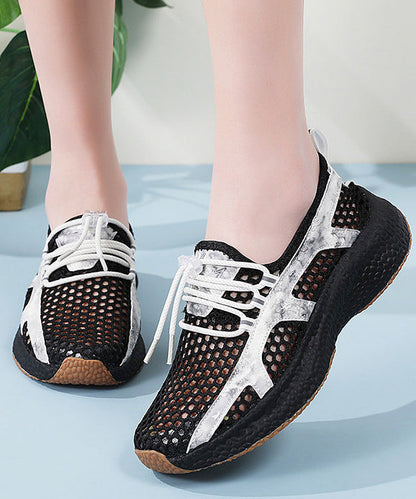 Black Flat Feet Shoes Knit Fabric Art Hollow Out Flats