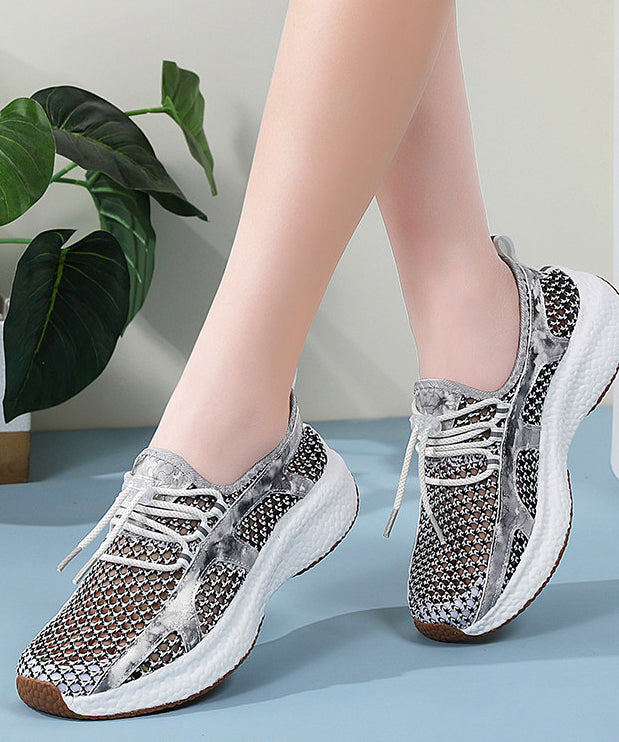 Black Flat Feet Shoes Knit Fabric Art Hollow Out Flats