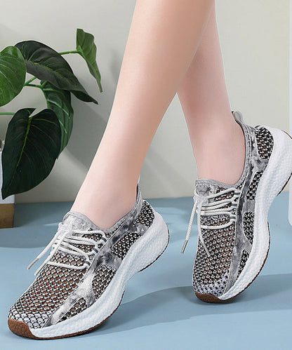 Black Flat Feet Shoes Knit Fabric Art Hollow Out Flats