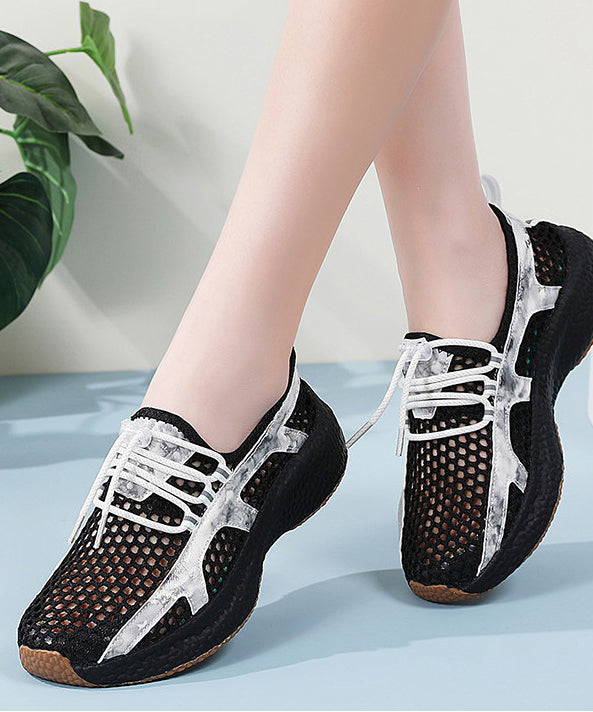 Black Flat Feet Shoes Knit Fabric Art Hollow Out Flats