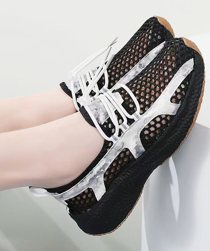 Black Flat Feet Shoes Knit Fabric Art Hollow Out Flats