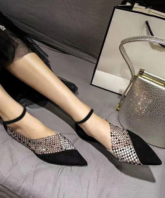 Black Flat Feet Shoes Suede Pointed Toe Splicing Zircon