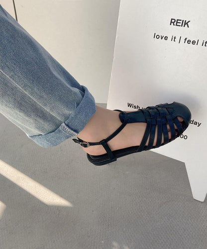 Black Flat Sandals Faux Leather Comfy Buckle Strap Water Sandals - SooLinen