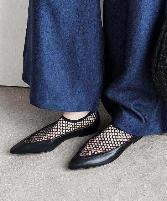 Black Flat Shoes Fashion Tulle Splicing Cowhide Leather Pointed Toe