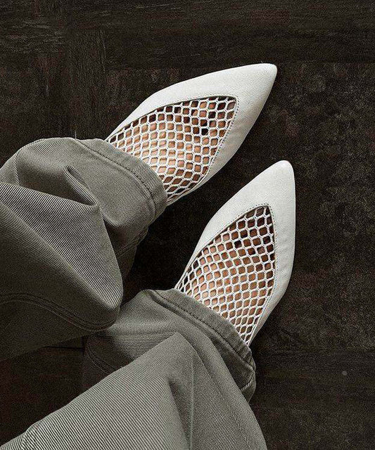 Black Flat Shoes Fashion Tulle Splicing Cowhide Leather Pointed Toe