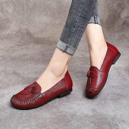 Black Floral Cowhide Leather Loafer Shoes  Loafer Shoes - SooLinen