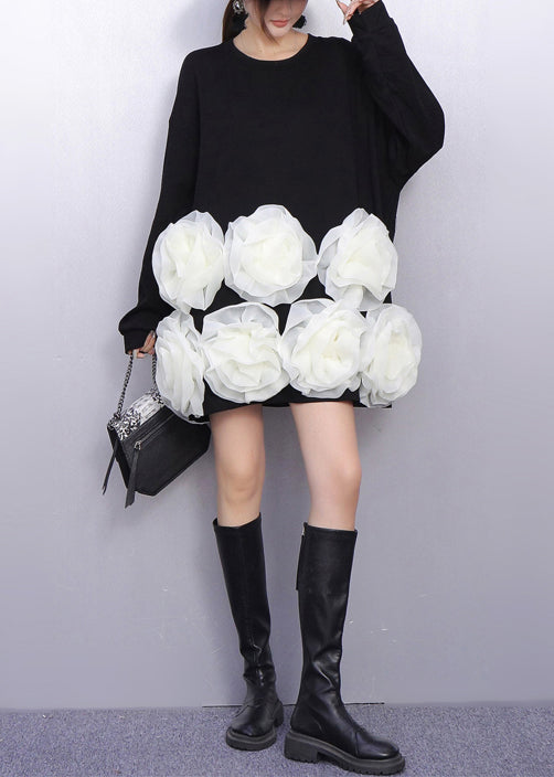 Vestidos de algodón negros con estampado floral, de talla grande, para primavera