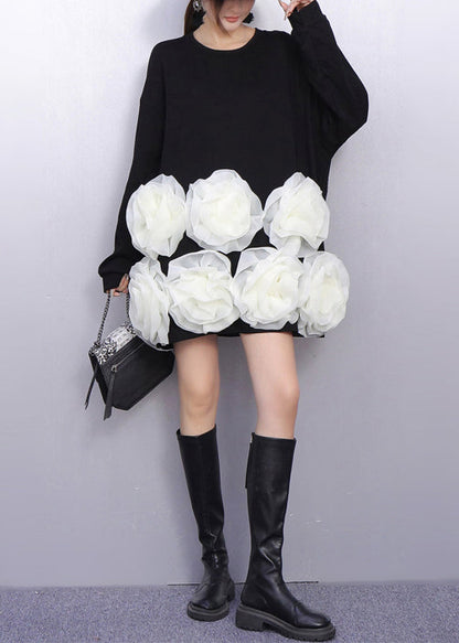 Vestidos de algodón negros con estampado floral, de talla grande, para primavera