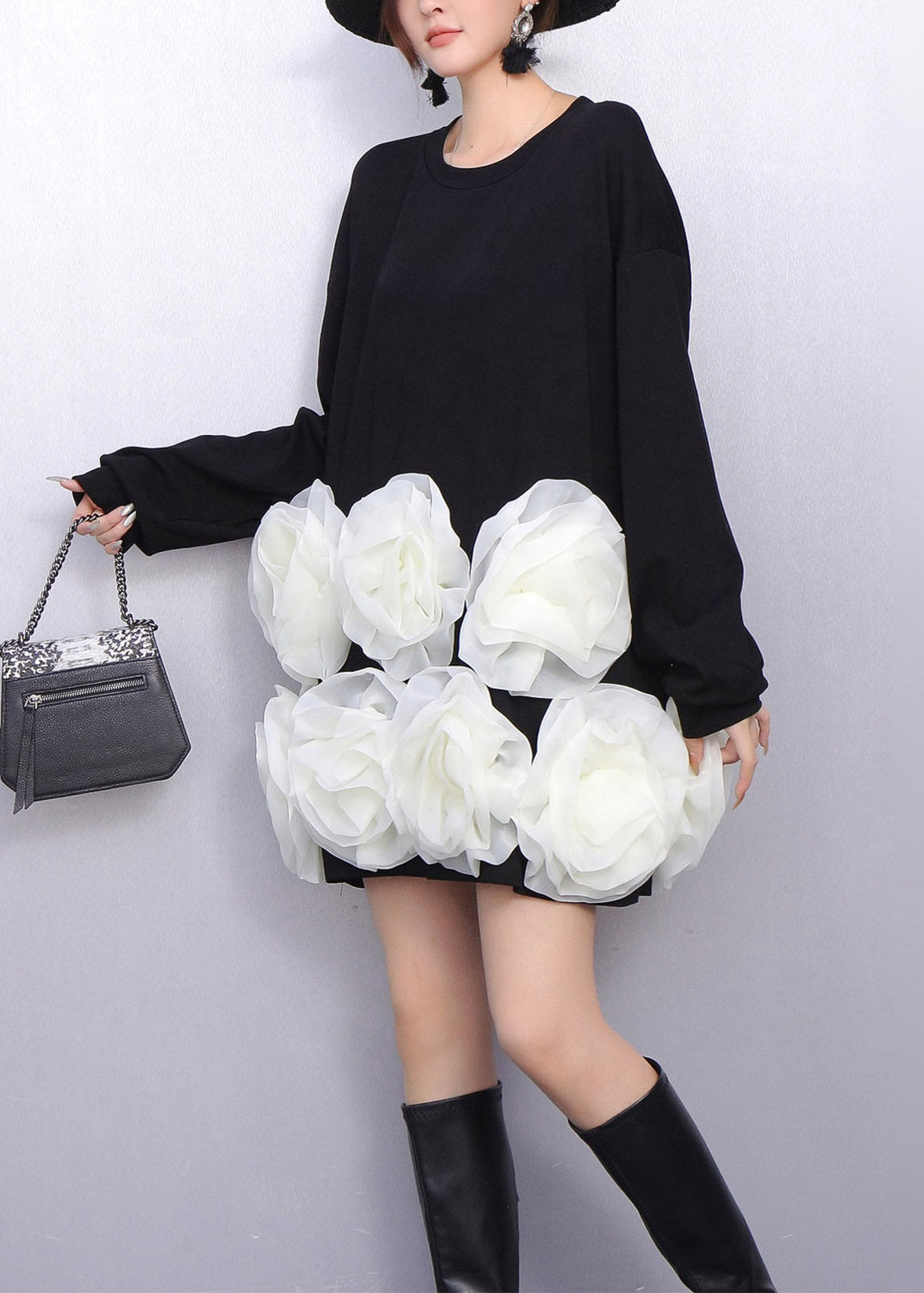 Vestidos de algodón negros con estampado floral, de talla grande, para primavera